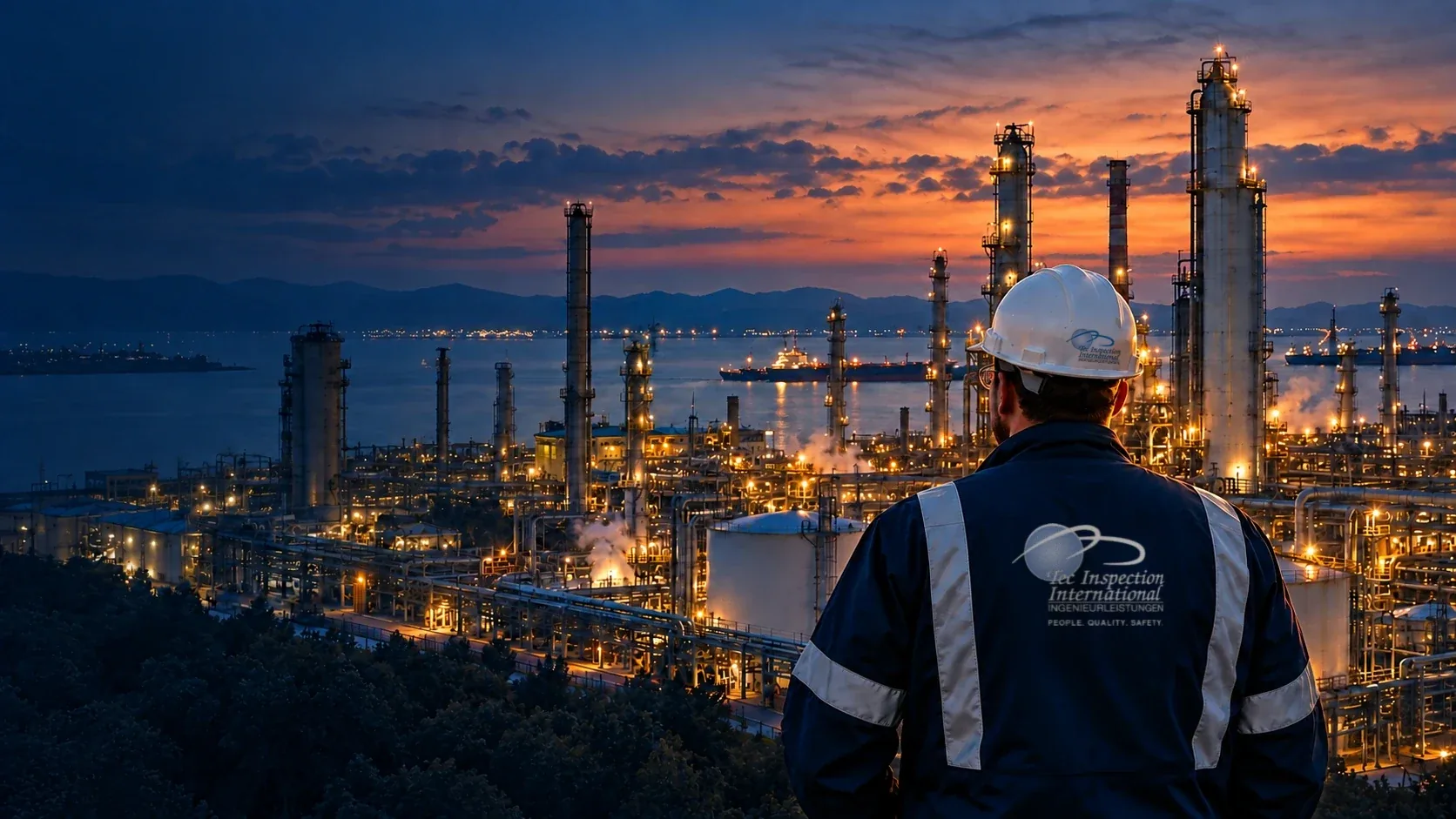 Tec inspector in front of a refinery