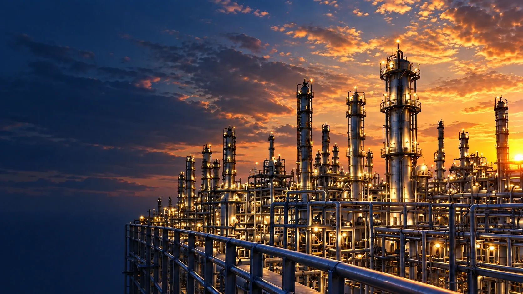 Illuminated refinery at a golden sunset