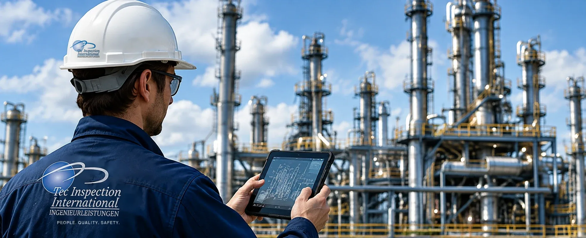 Tec inspector holding a tablet and wearing a branded work jacket in front of a refinery