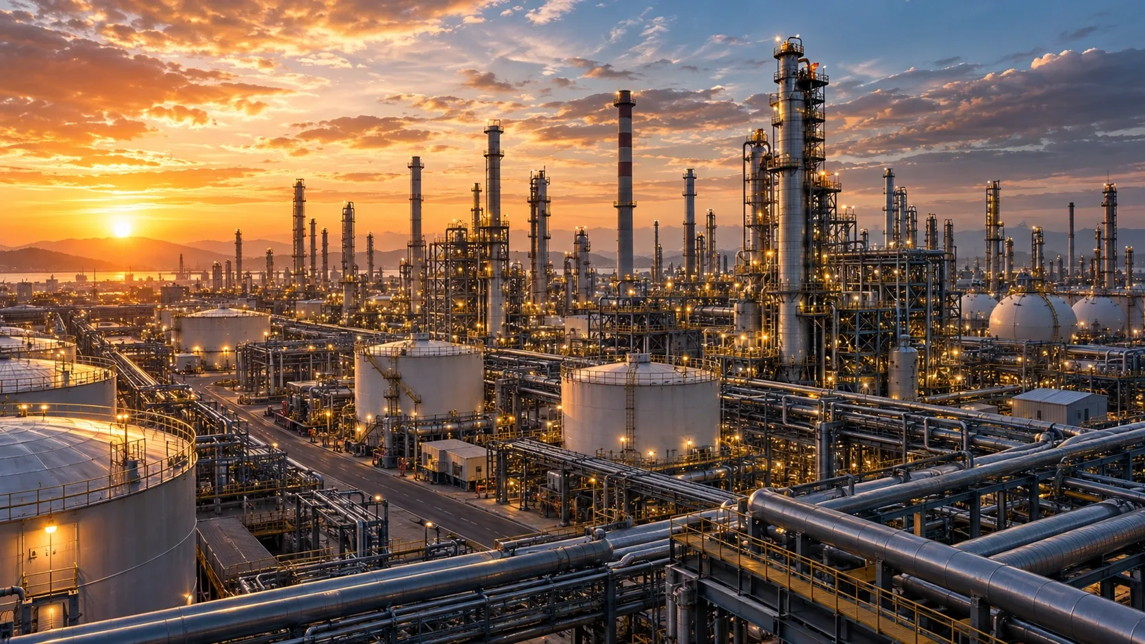 Large refinery complex at a warm sunset