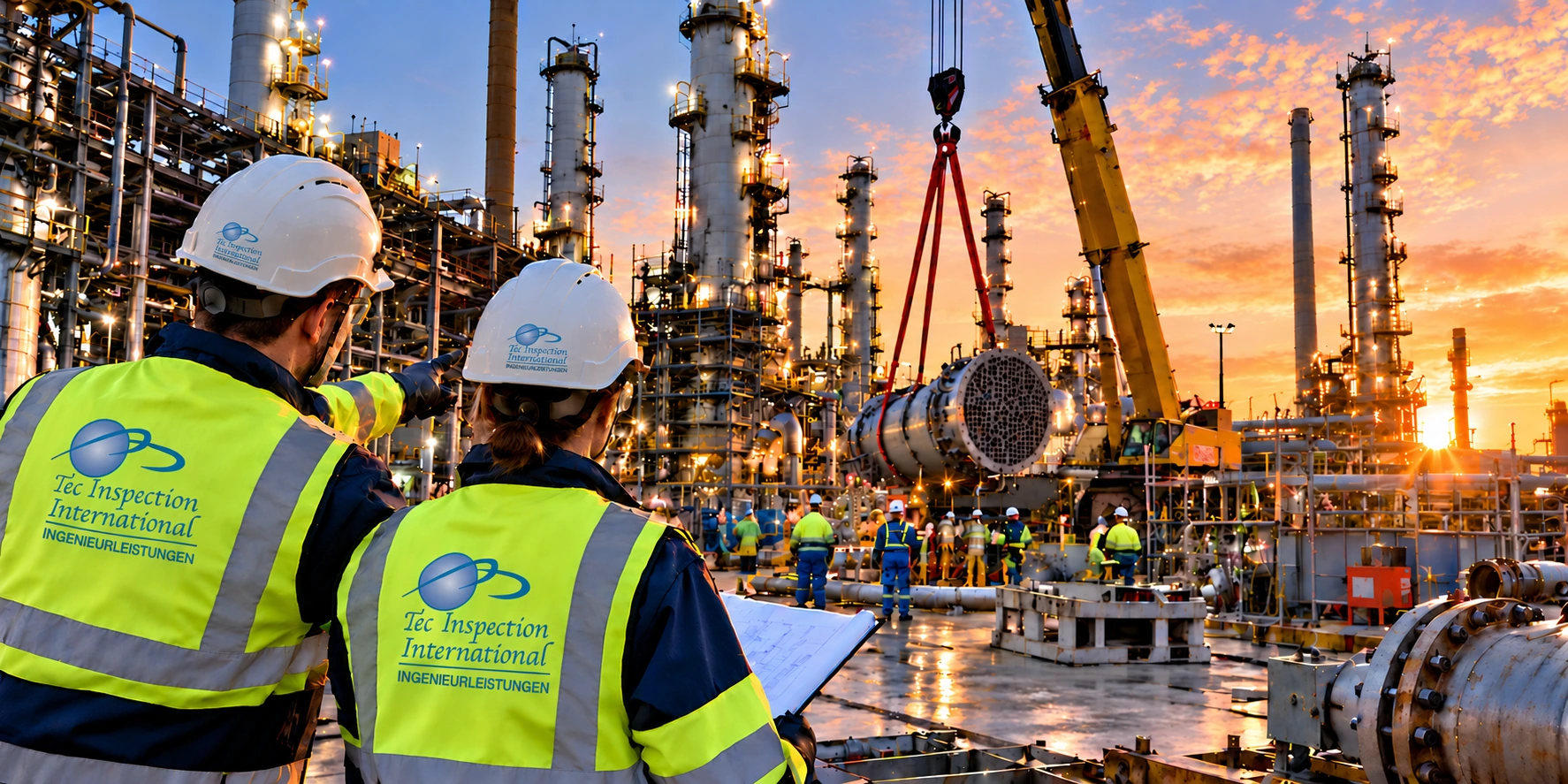 Tec inspectors supporting a refinery turnaround during heat exchanger installation
