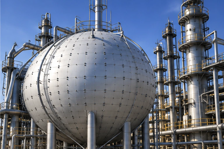 Spherical industrial vessel with piping