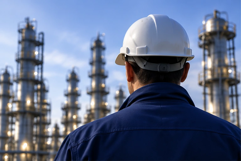 Inspector in front of an industrial plant