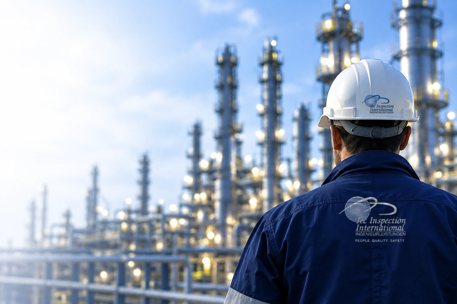 Technical inspector wearing a hard hat in front of a refinery