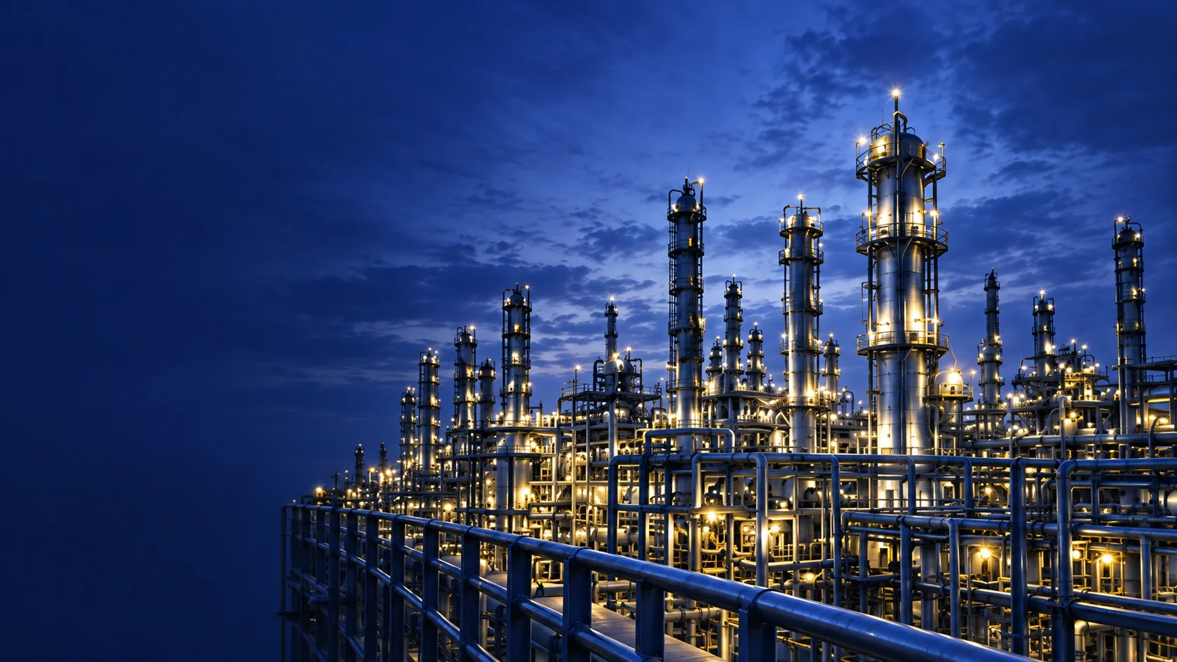 Illuminated refinery with distillation columns and piping at dusk
