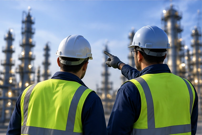 Two technical specialists wearing hard hats and high-visibility vests